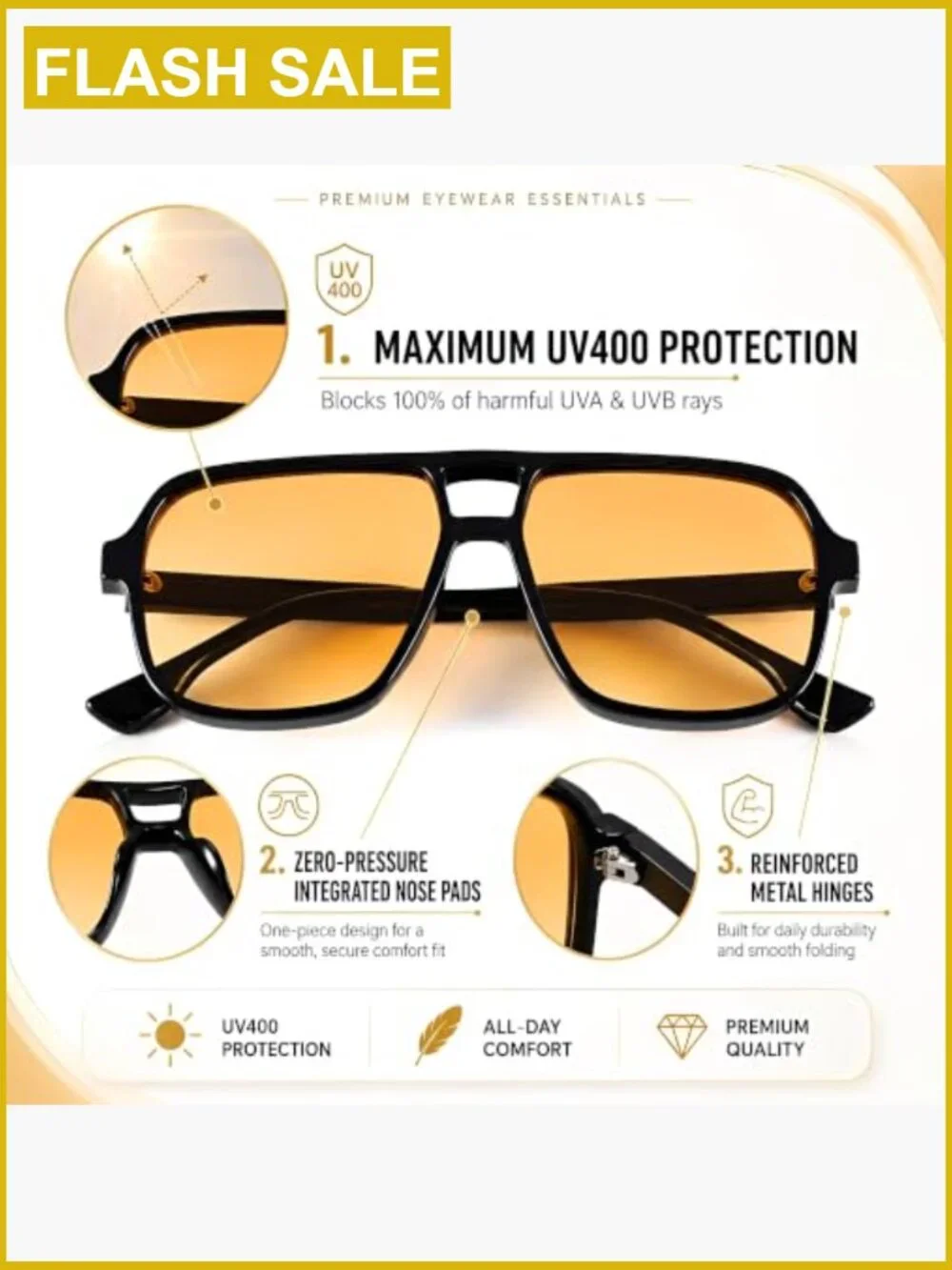 Oversized Aviator Sunglasses Retro 70s Square Shades UV Protection